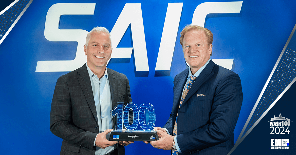 SAIC’s Josh Jackson to Moderate Fireside Chat at 2024 Army Summit - top government contractors Josh Jackson (left) receiving his first Wash100 award from Jim Garrettson (right)