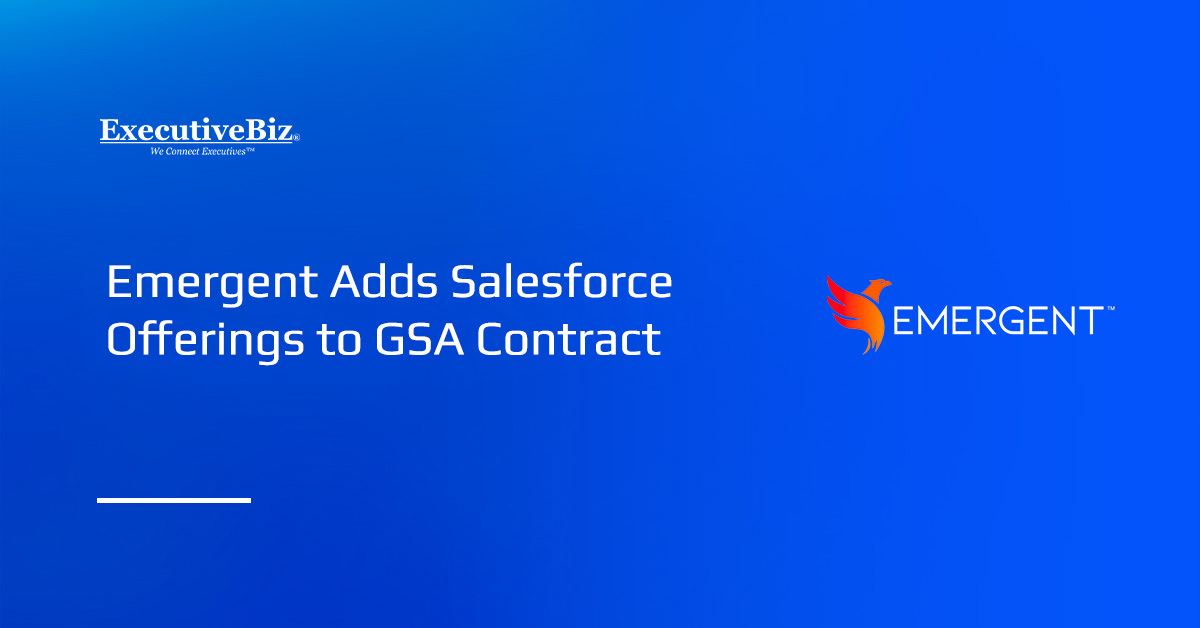 Emergent logo. Emergent has added Salesforce's technology to its GSA Contract.