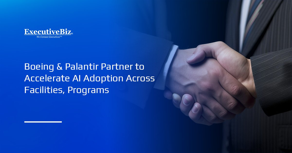 Handshake, partnership. Boeing and Palantir have partnered to accelerate AI adoption across Boeing's facilities and programs.
