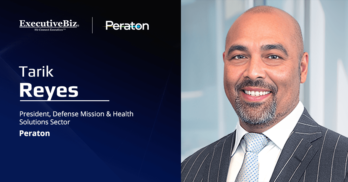 Tarik Reyes headshot. Peraton executive amplified US Air Force contract to support aircraft testing systems
