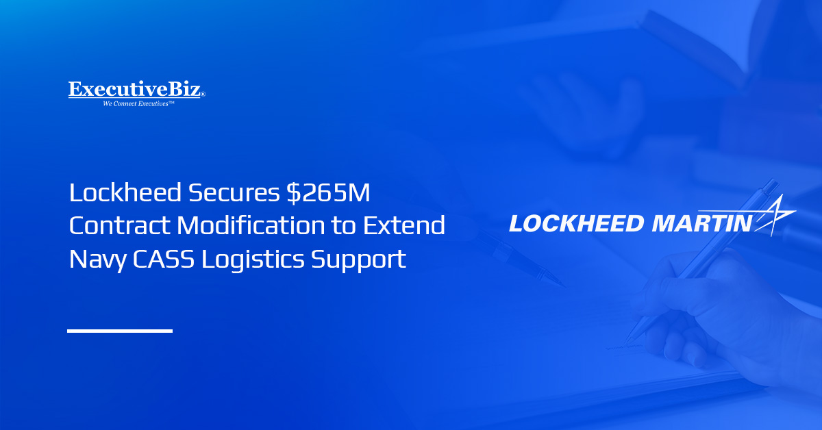 Lockheed Martin logo. Lockheed secured a $265 million modification from the Navy for CASS logistics support.
